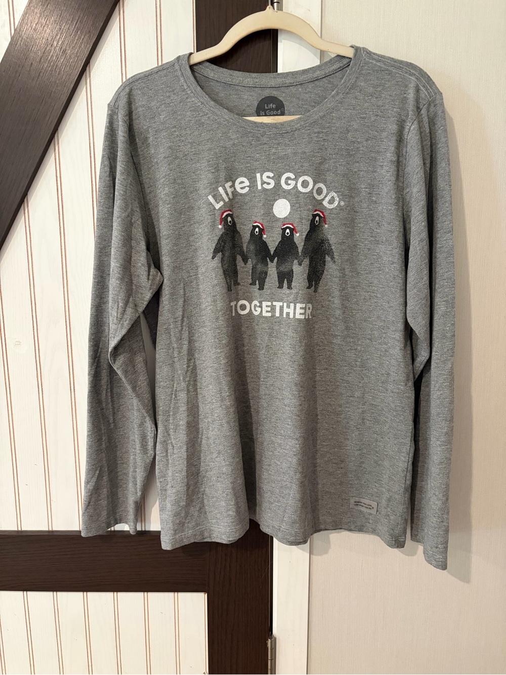 Life is Good Christmas Bears Together Gray Long Sleeve Large Gray Crusher Shirt